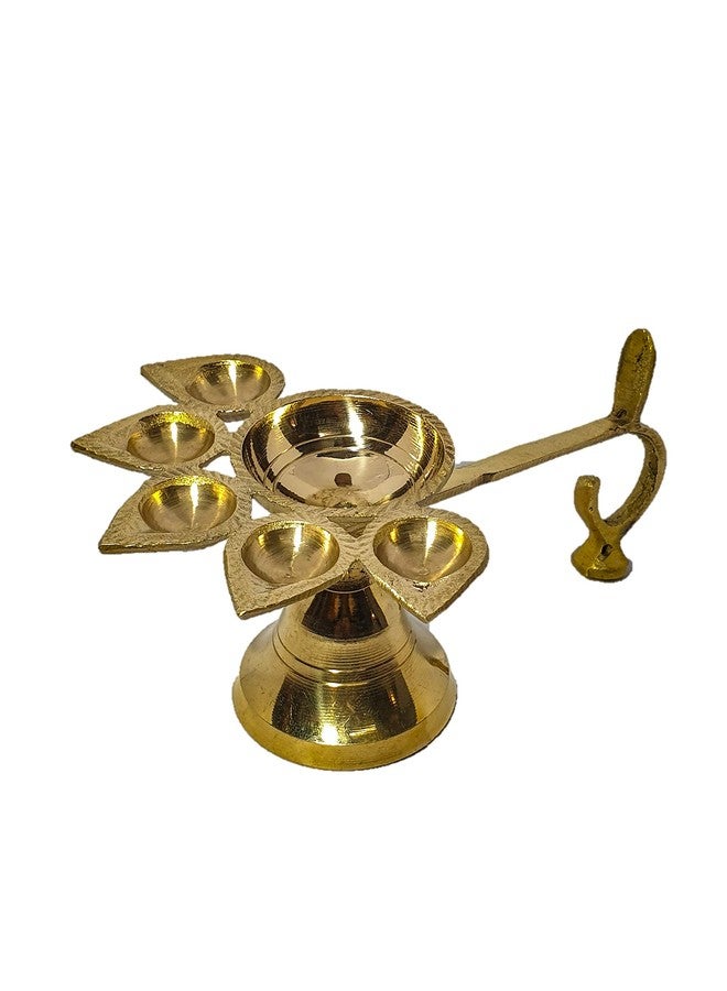 RH Religious Heritage Panch Aarti Pure Brass Item | Panchmukhi Puja Diya | Ghee Lamp | Aarti Ghee Deepak for Home Temple | (L X B X H - 11 X 16 X 7 cm, Golden Colour) - Image 1
